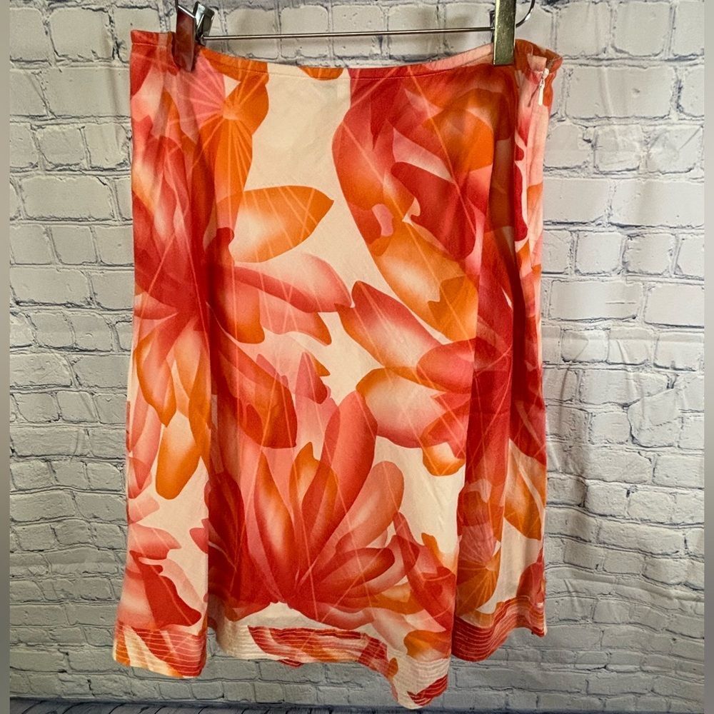 DKNT Jeans Orange Cream Tropical Floral Cottagecore Cotton Midi Skirt Size 10